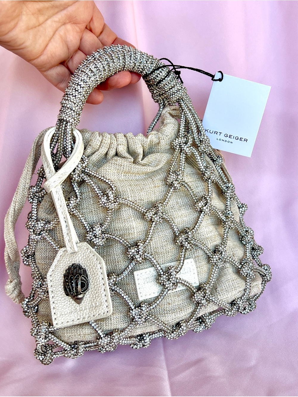 Kurt Geiger Small Crystal Macramé Evening Bag Silver Natural